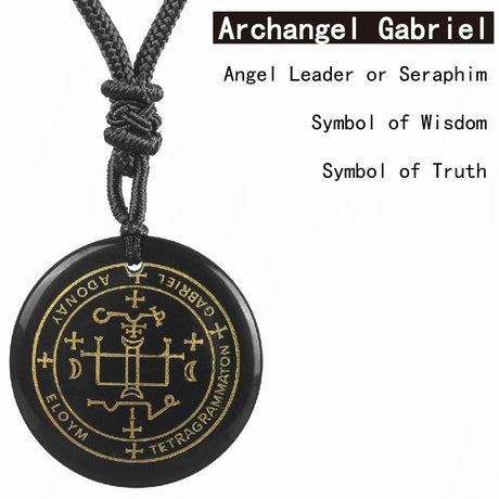 Black pendant with gold symbols on a black cord, labeled 'Archangel Gabriel'.