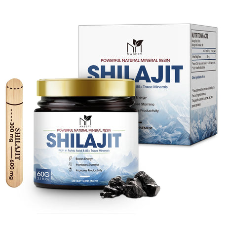 Shilajit supplement jar and packaging on a white background