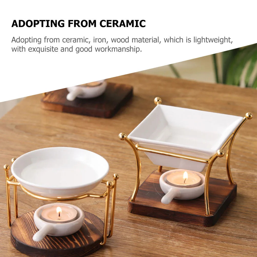 Ceramic and wooden tableware set with gold accents on a wooden surface.