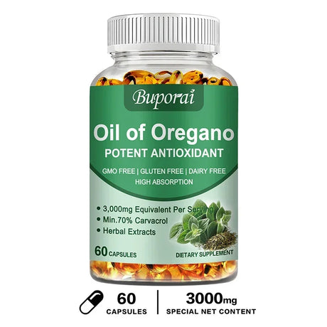 Buporai Oil of Oregano supplement bottle on a white background