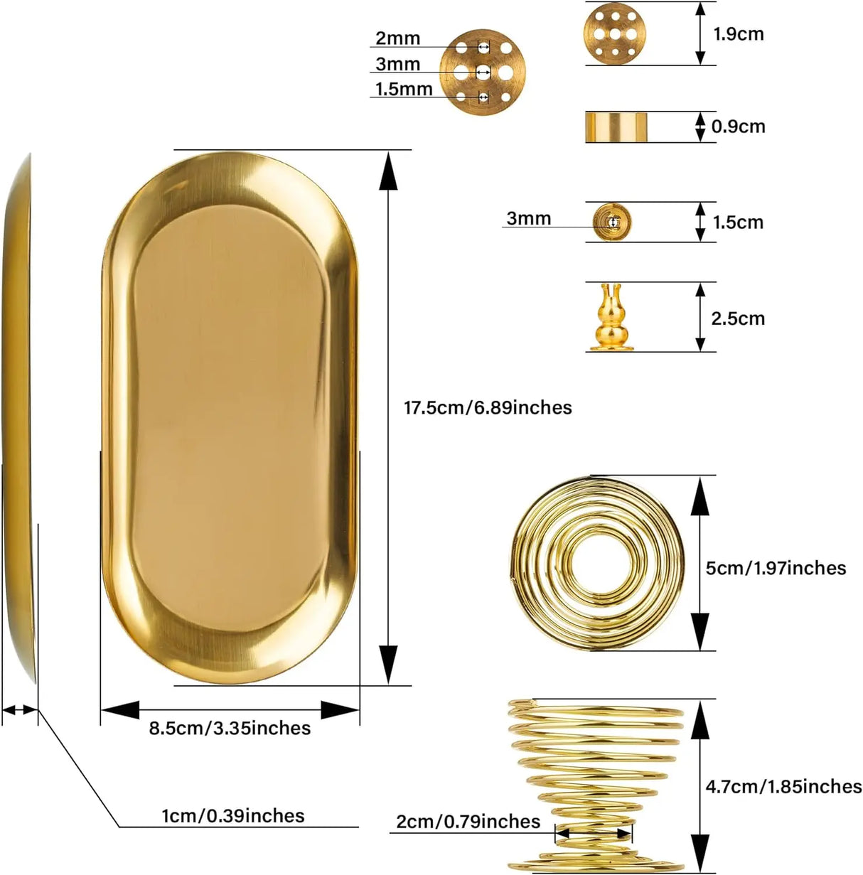Gold door handle with detailed measurements on a white background