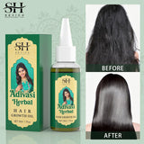 SH Sevich Adivasi Herbal Hair Growth Oil packaging and bottle with 'Before' and 'After' hair comparison on a green background.