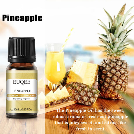 EUQEE Pineapple fragrance oil bottle with a pineapple and juice background