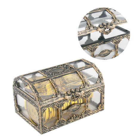 Decorative treasure chest with glass panels and gold accents on a white background