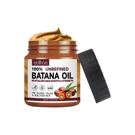 Jar of 100% Unrefined Batana Oil with a black applicator on a white background