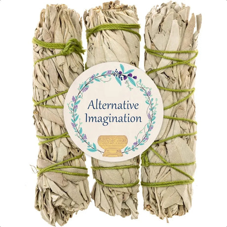 Three bundles of sage smudge sticks tied with green string, featuring an 'Alternative Imagination' label.