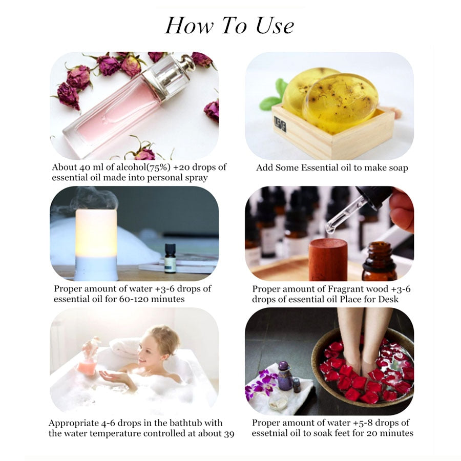 Instructions on how to use essential oils with images and text.