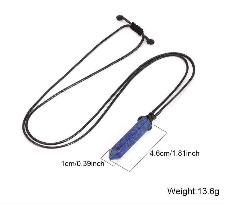 Necklace with a blue stone pendant on a white background, showing measurements and weight.