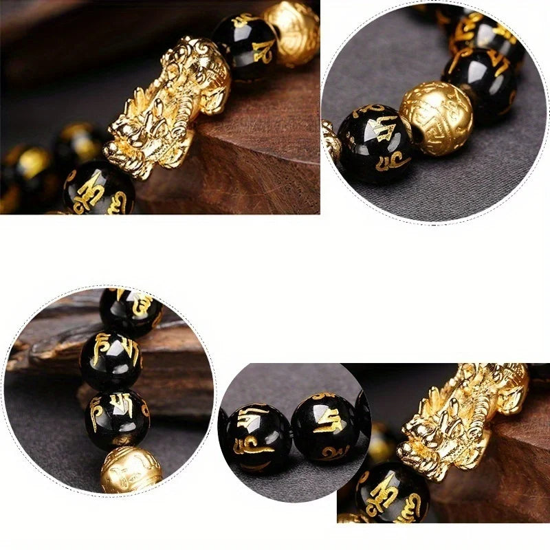 Collage of black and gold beaded jewelry with intricate designs on a wooden surface.