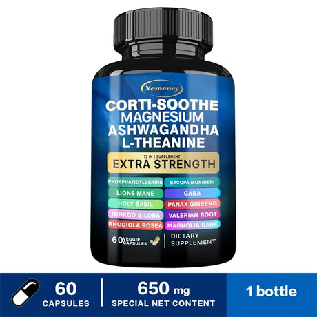 Supplement bottle labeled 'Corti-Soothe' with various ingredients on a white background