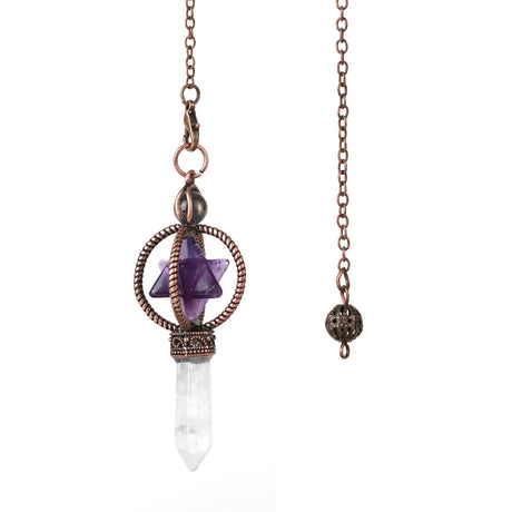 Necklace with purple star-shaped pendant and clear crystal on a white background