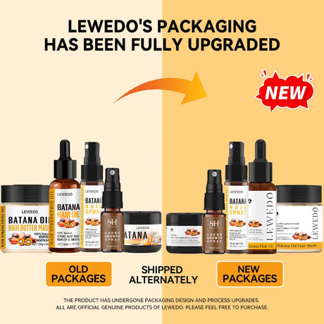 Comparison of old and new Lewedo product packaging on a beige background