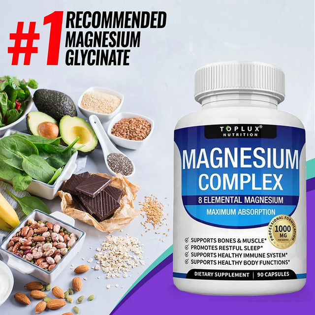 Bottle of magnesium complex supplement with health benefits listed, surrounded by healthy foods on a light background.