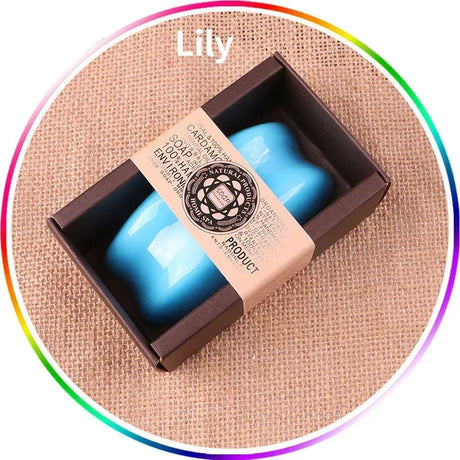 Blue product in a brown box on a textured beige surface with 'Lily' branding.