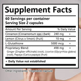 Supplement facts label with various ingredients and their amounts per serving.