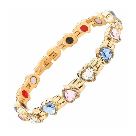 Gold bracelet with colorful heart-shaped gemstones on a white background
