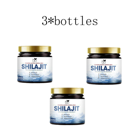 Three bottles of Shilajit on a white background with '3 bottles' text above.