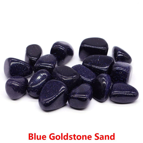 Blue goldstone stones on a white background with 'Blue Goldstone Sand' text.