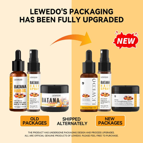 Comparison of Lewedo's old and new packaging for Batana hair care products on a beige and orange background.