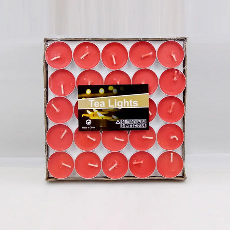 Box of red tea lights with a visible brand label on a white background