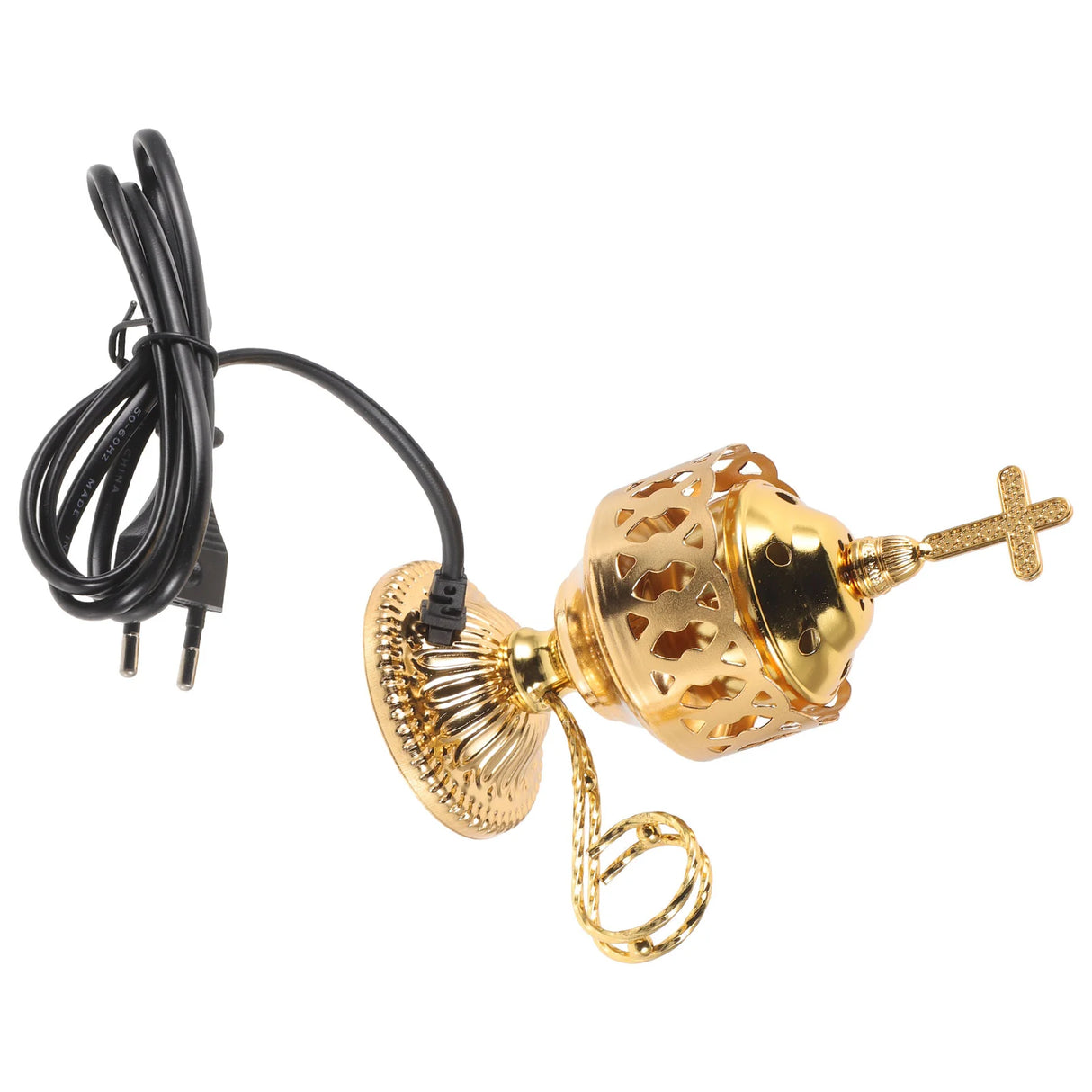 Gold incense burner with black power cord on a white background