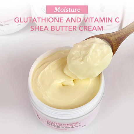 Shea butter cream with a wooden spoon on a white background, featuring text about glutathione and vitamin C.