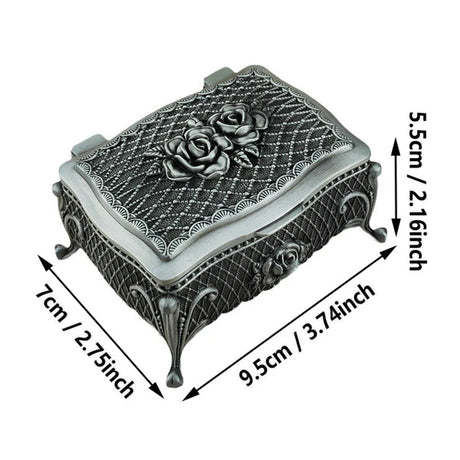 Decorative jewelry box with rose design and dimensions on a white background