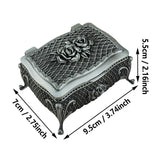 Decorative jewelry box with rose design and dimensions on a white background