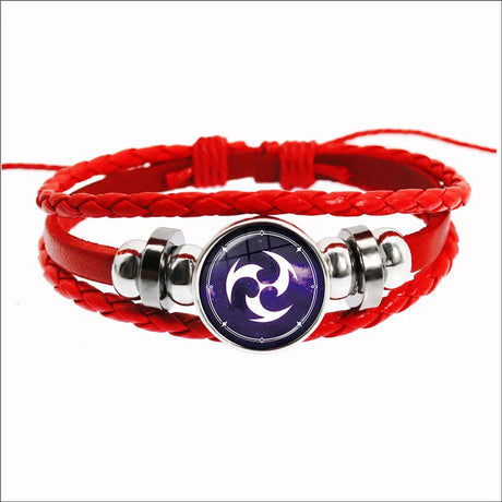Red braided bracelet with a purple and silver emblem on a white background