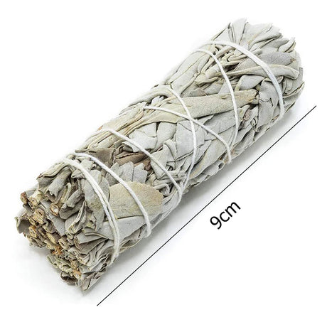 Rolled sage smudge stick with dimensions on a white background