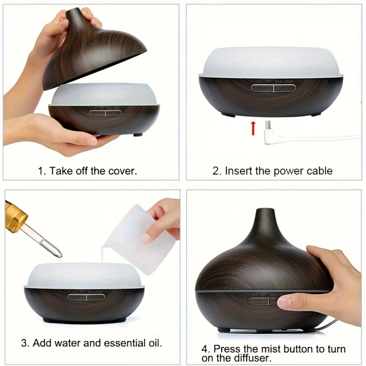 Step-by-step guide on how to use a diffuser with images and text instructions.