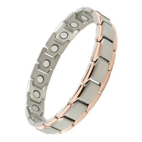 Metallic bracelet with rose gold and silver design on a white background