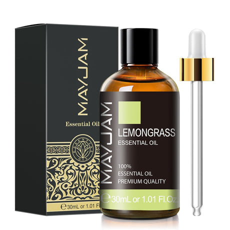 MayJam Lemongrass essential oil bottle with dropper and packaging on a white background