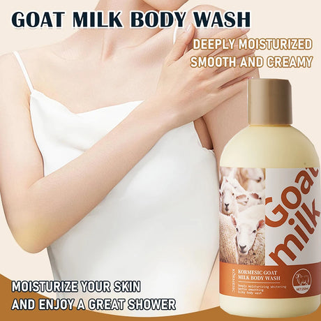 Goat milk body wash bottle with a woman applying it, on a beige background.