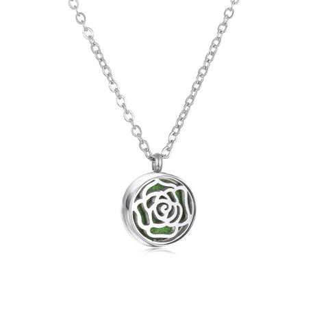 Silver necklace with a rose-shaped pendant on a white background