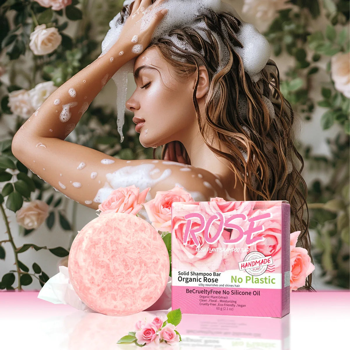 Woman with soap suds in hair next to a pink solid shampoo bar and packaging with floral elements.