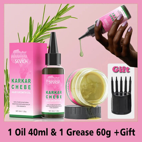 Karkar Chebe hair growth product set with oil, grease, and a gift on a pink background