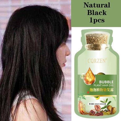 Bottle of CQRZEN bubble plant hair dye with a person with long black hair on a blurred background