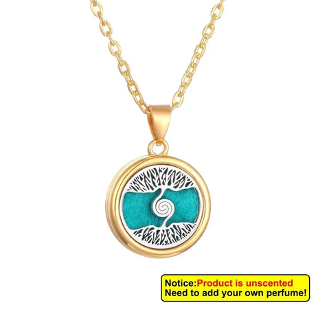Gold necklace with a circular pendant featuring a blue and white design on a white background.