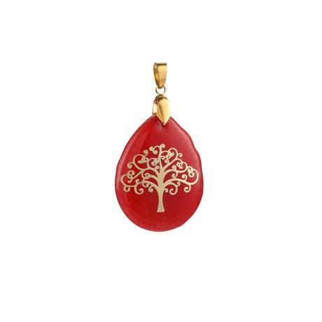 Red teardrop-shaped pendant with gold tree design on a white background