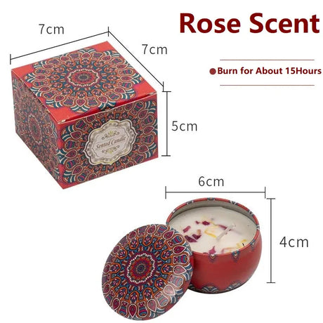 Rose scented candle in a decorative box with dimensions and scent information.