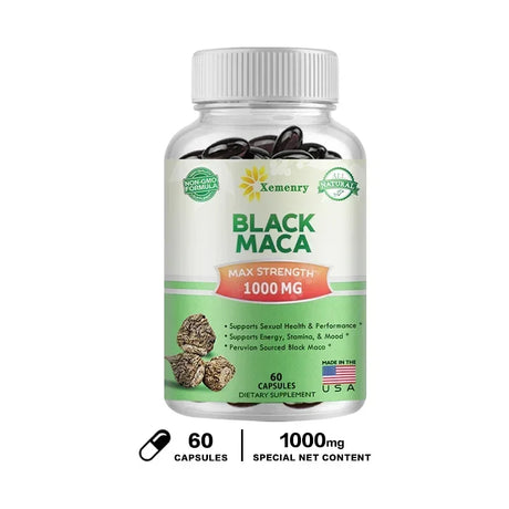 Bottle of Xemenry Black Maca supplement on a white background