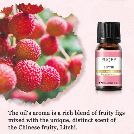 EUQEE Litchi fragrance oil bottle with litchi fruit on a pink background