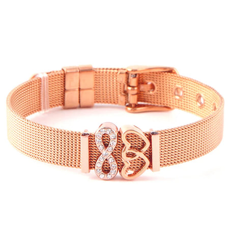 Rose gold mesh bracelet with heart and infinity symbol charm on a white background
