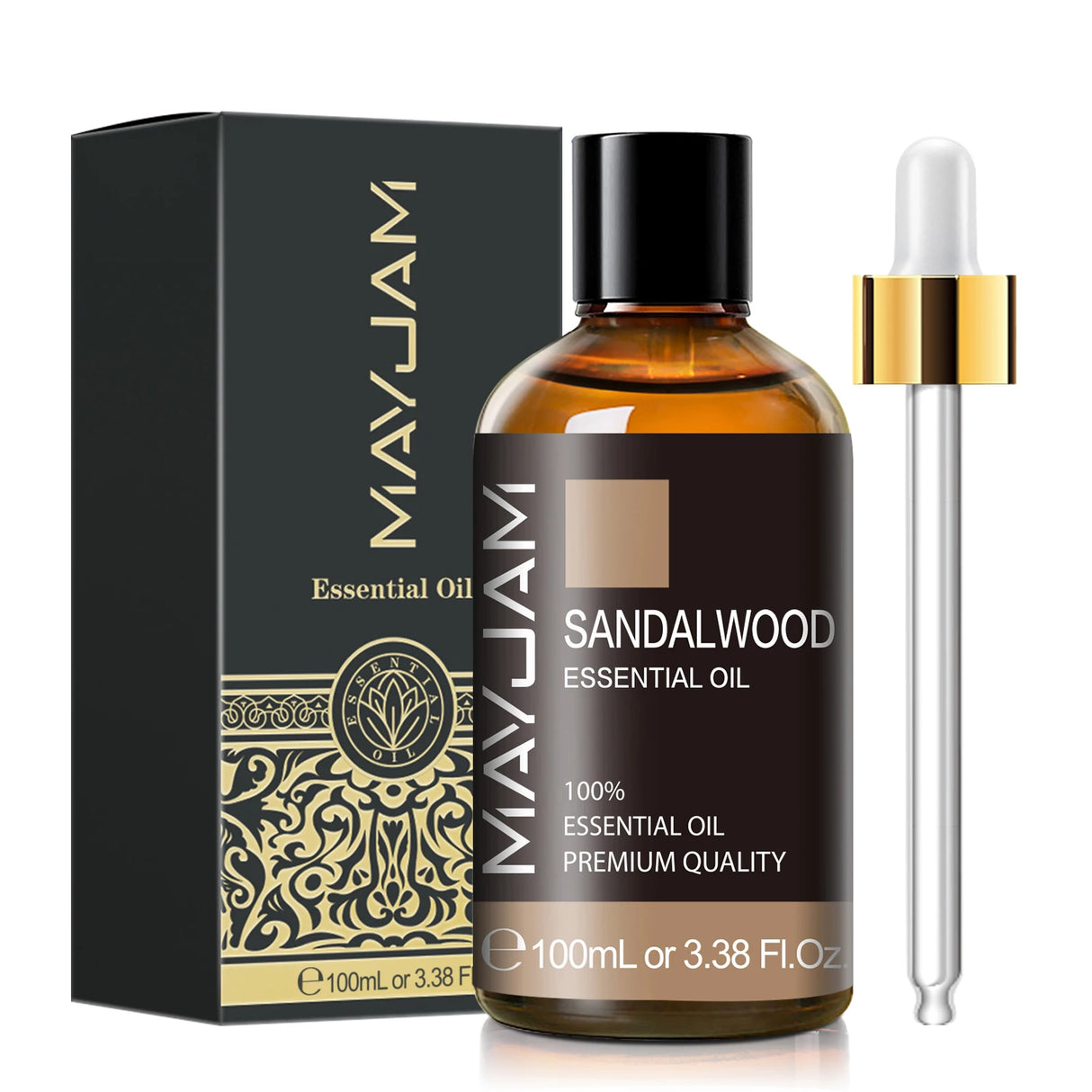 Sandalwood essential oil bottle with dropper and packaging on a white background