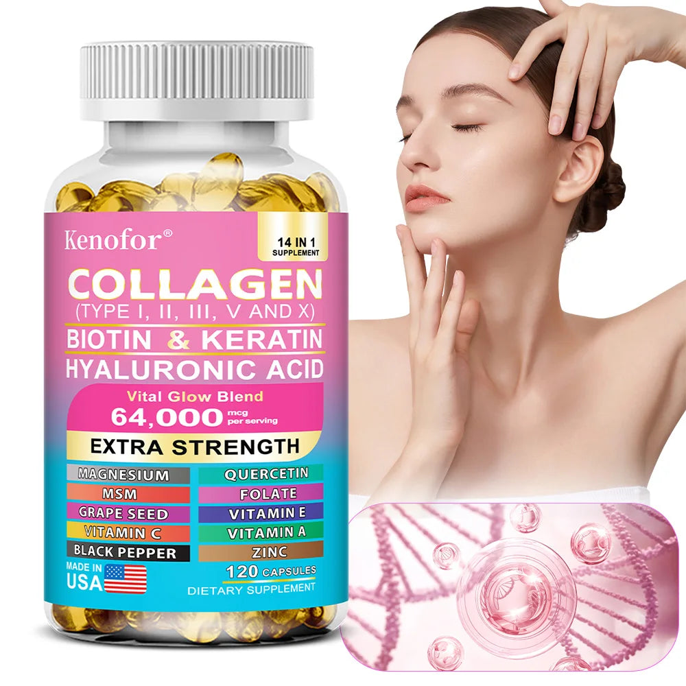 Collagen supplement bottle with a woman touching her face on a white background