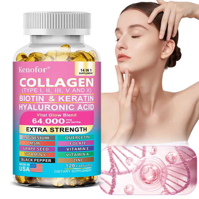 Collagen supplement bottle with a woman touching her face on a white background
