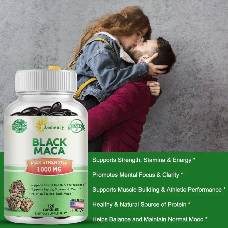 Bottle of Xemenry Black Maca supplement with a couple embracing on a gray background