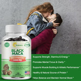 Bottle of Xemenry Black Maca supplement with a couple embracing on a gray background