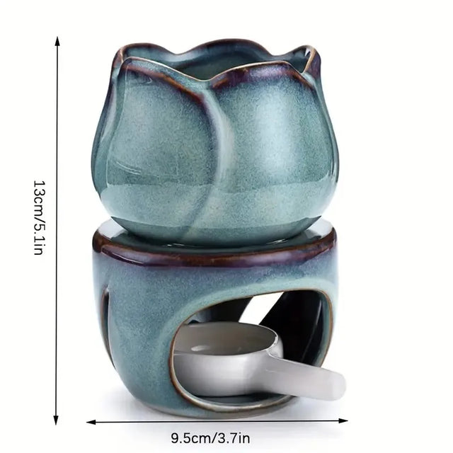 Ceramic oil burner with measuring cup and dimensions on a white background